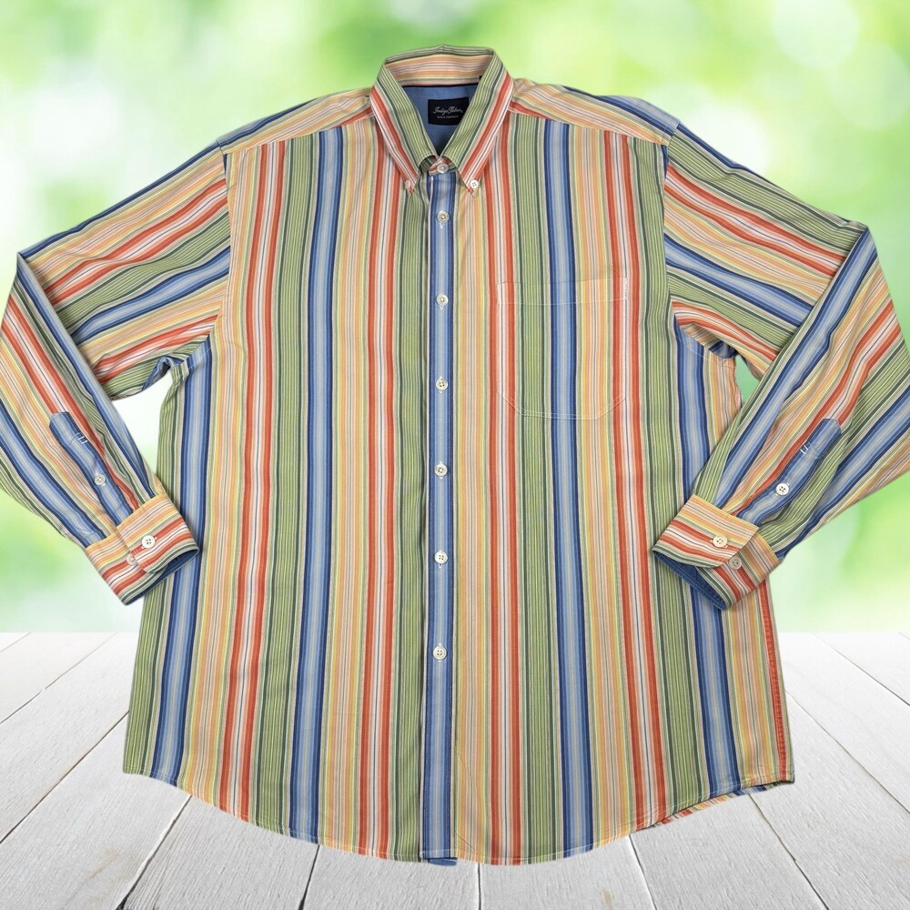 Vintage Y2K Tommy Bahama INDIGO PALMS OCBD Shirt Pastel Stripe Cotton Mens L